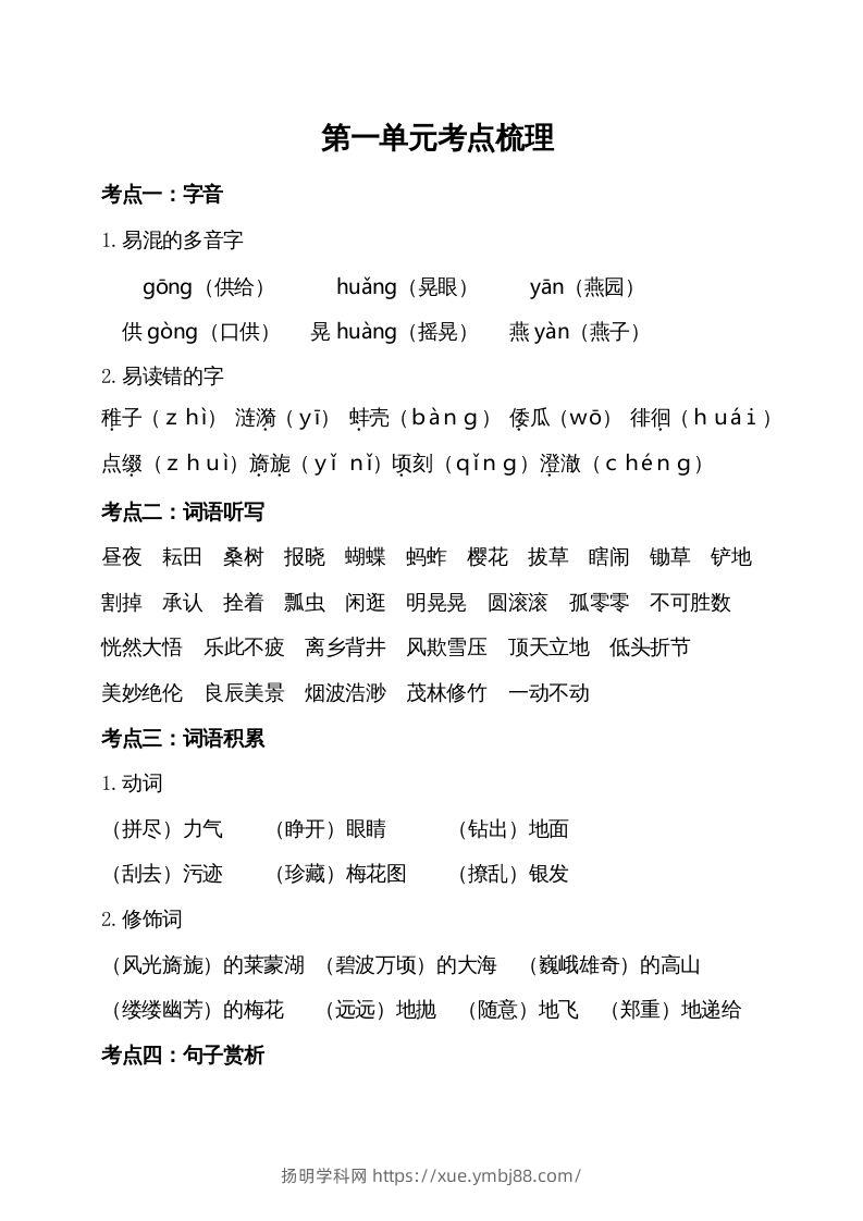 五年级语文下册第一单元考点梳理（部编版）-扬明学科网
