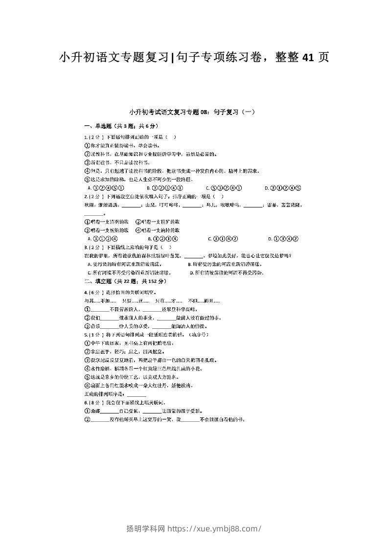 小升初语文专题复习《句子专项练习卷》整整41页-扬明学科网