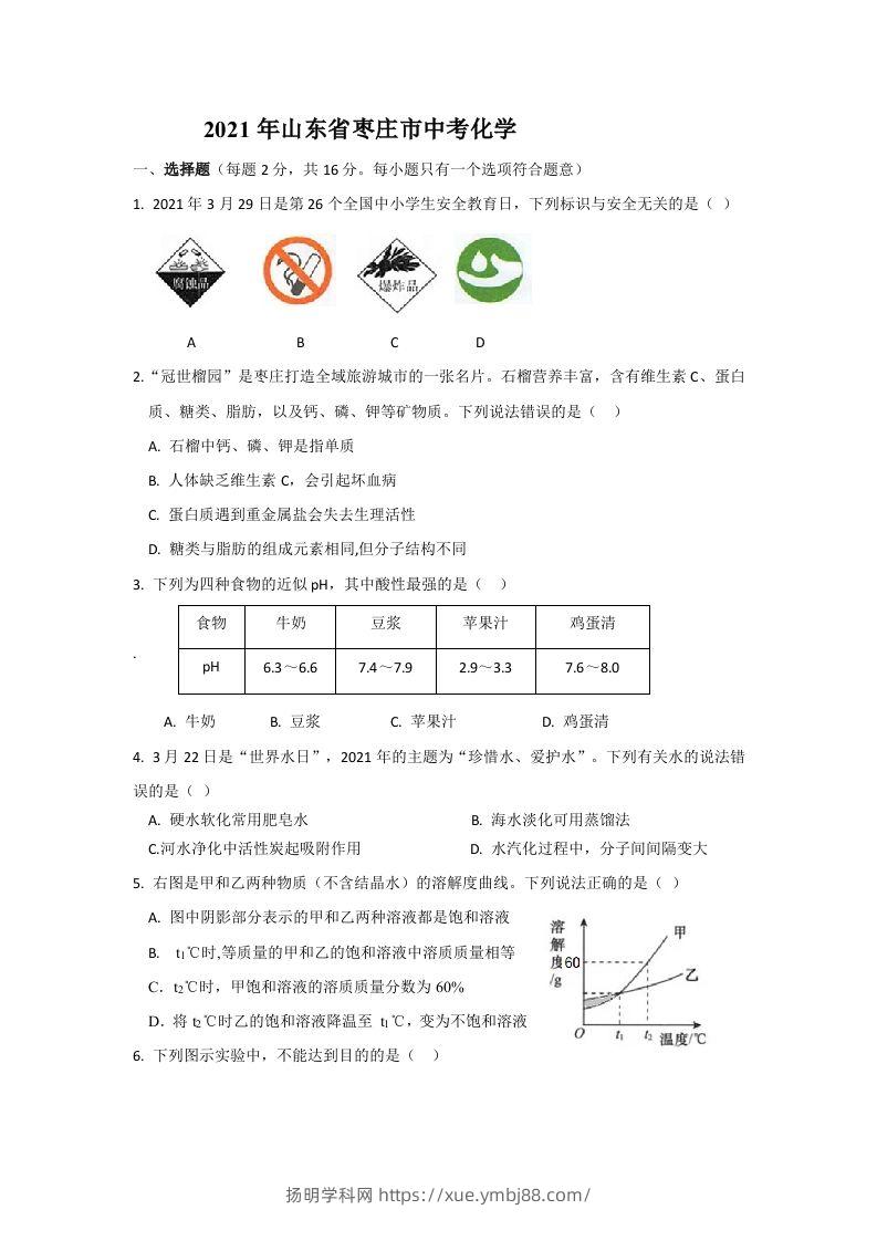 2021山东枣庄中考化学原卷-扬明学科网