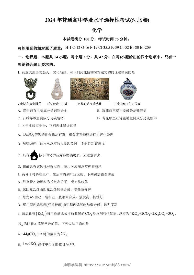 2024年高考化学试卷（河北）（空白卷）-扬明学科网