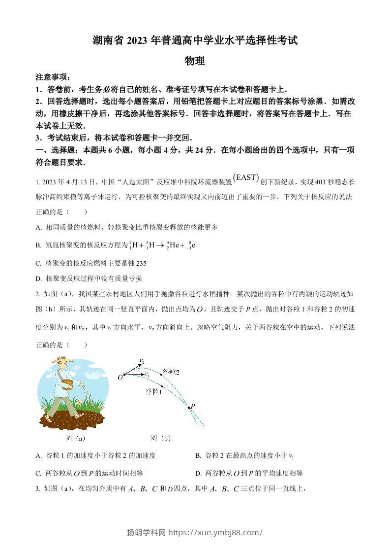 2023年高考物理试卷（湖南）（空白卷）-扬明学科网