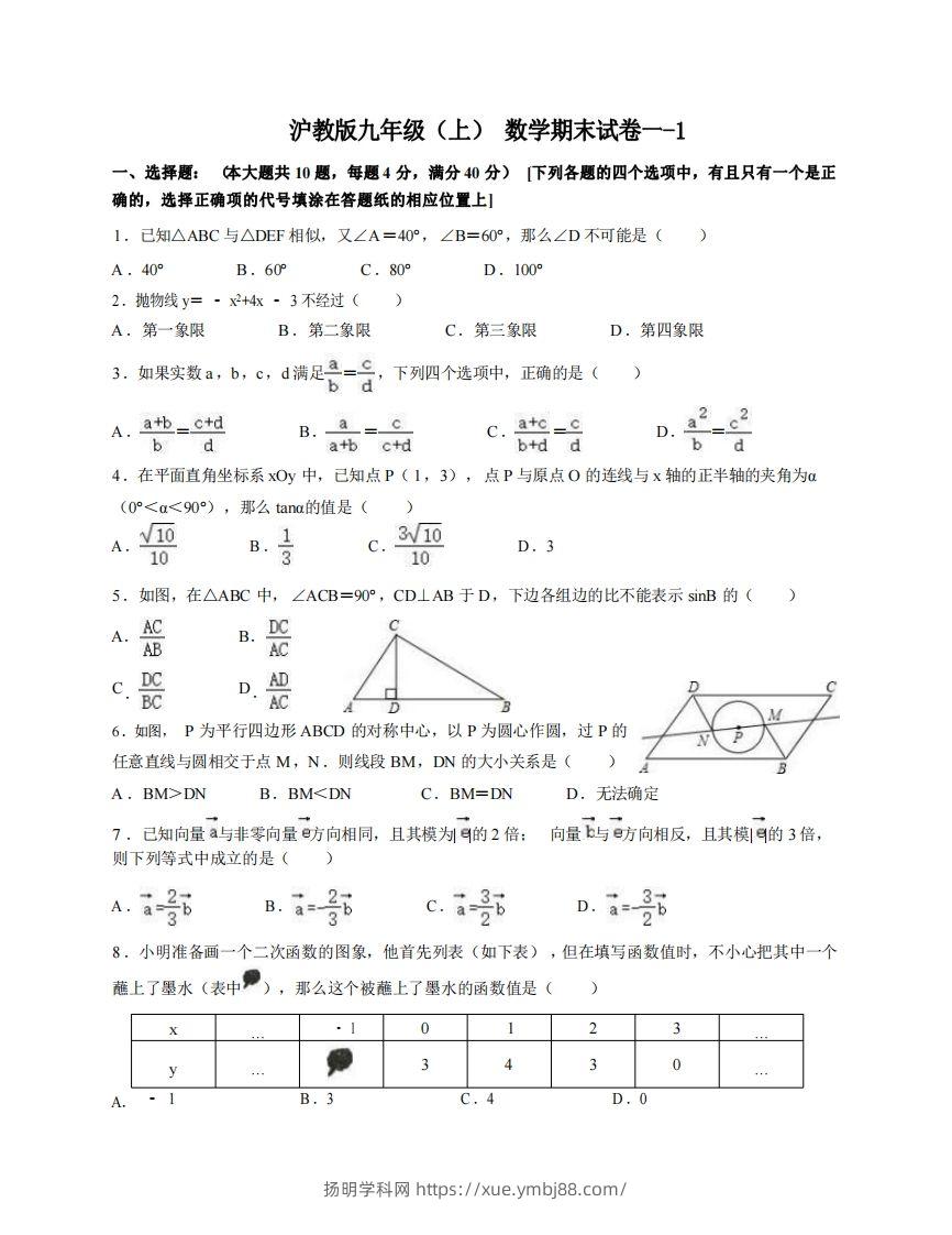 九年级（上）数学期末试卷1-1卷沪教版-扬明学科网