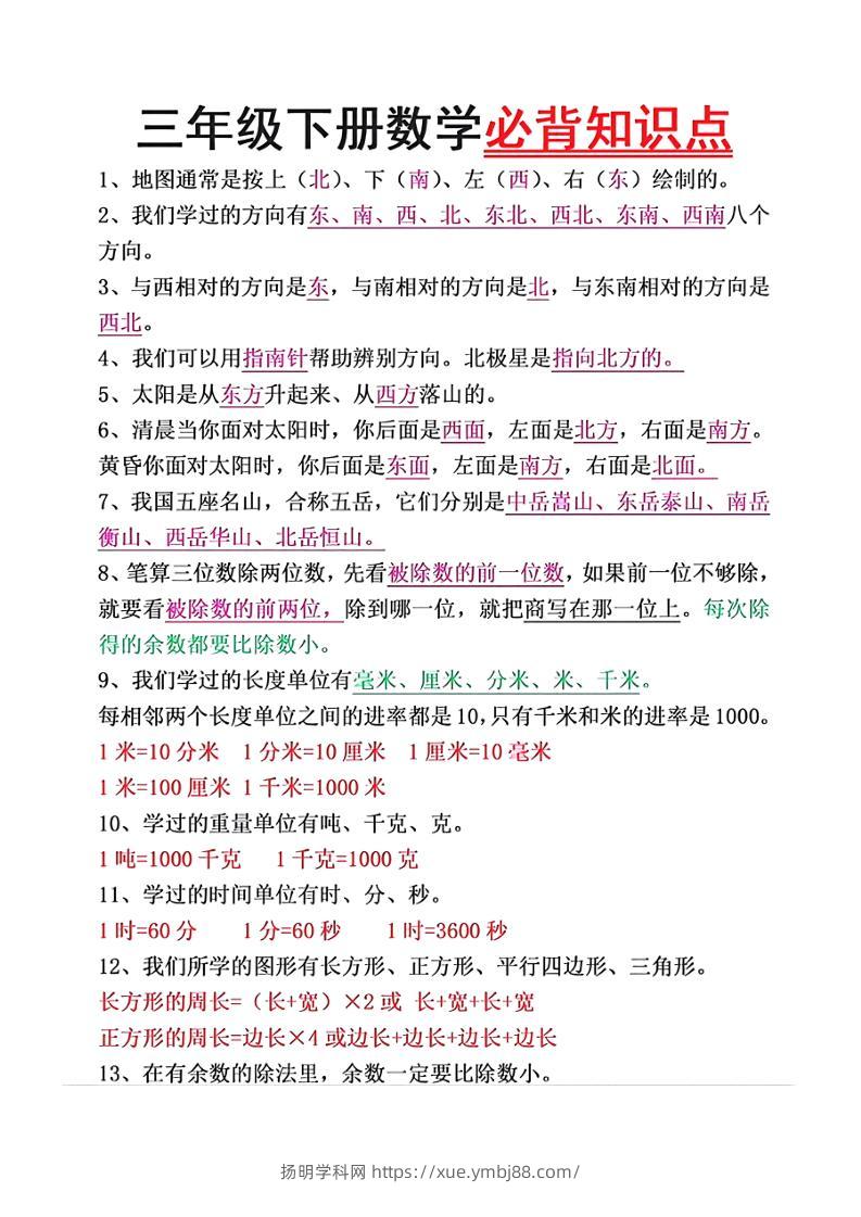 三下数学必背26个重点知识-扬明学科网