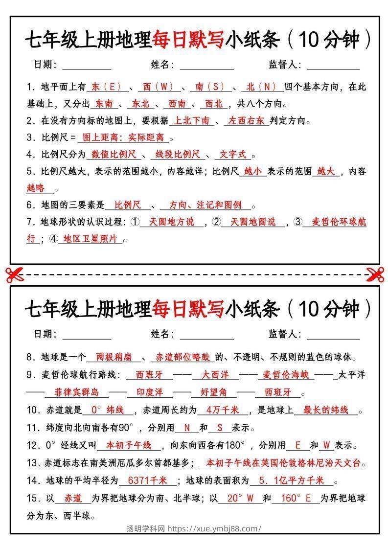 七年级上册地理每日默写小纸条（10分钟）-扬明学科网