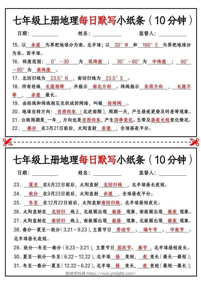图片[2]-七年级上册地理每日默写小纸条（10分钟）-扬明学科网