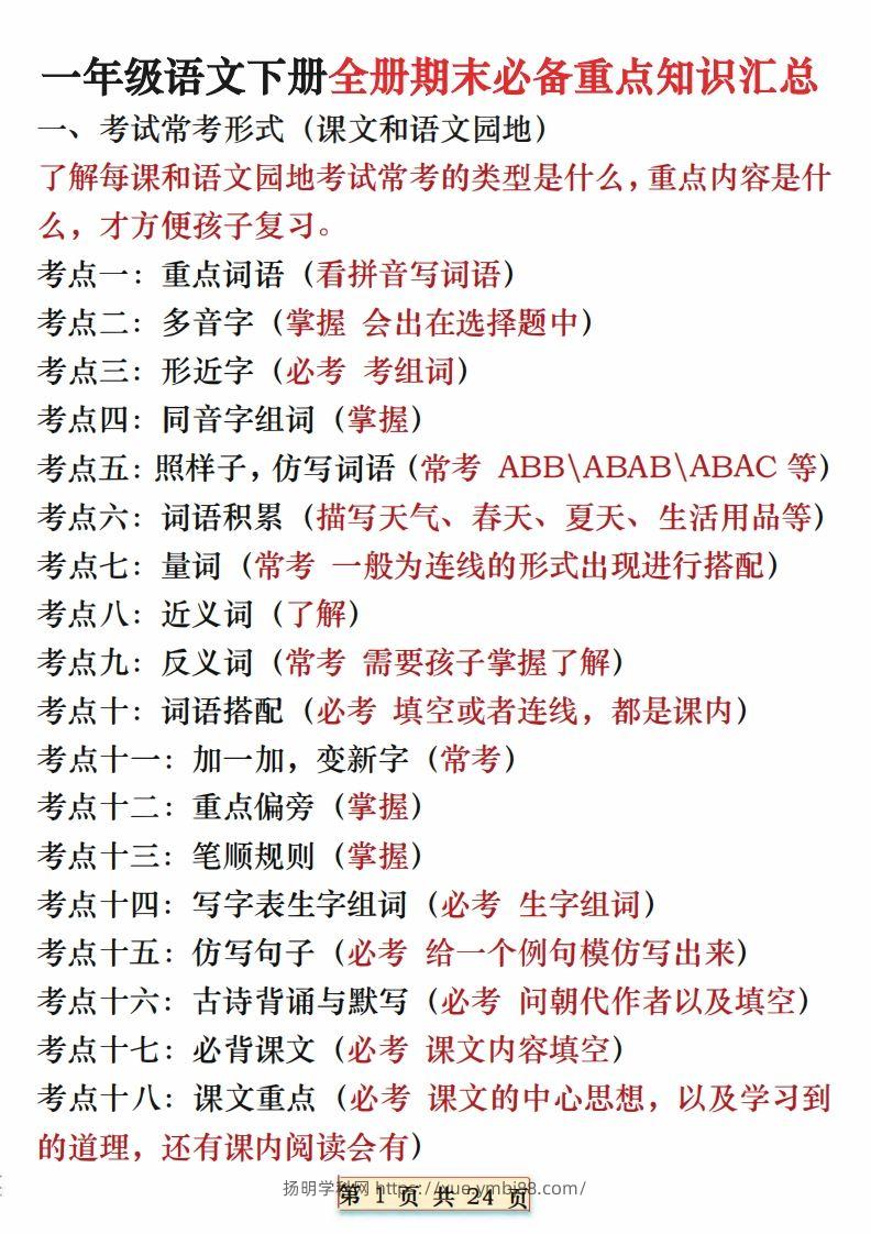 期末复习重点知识汇总一下语文-扬明学科网