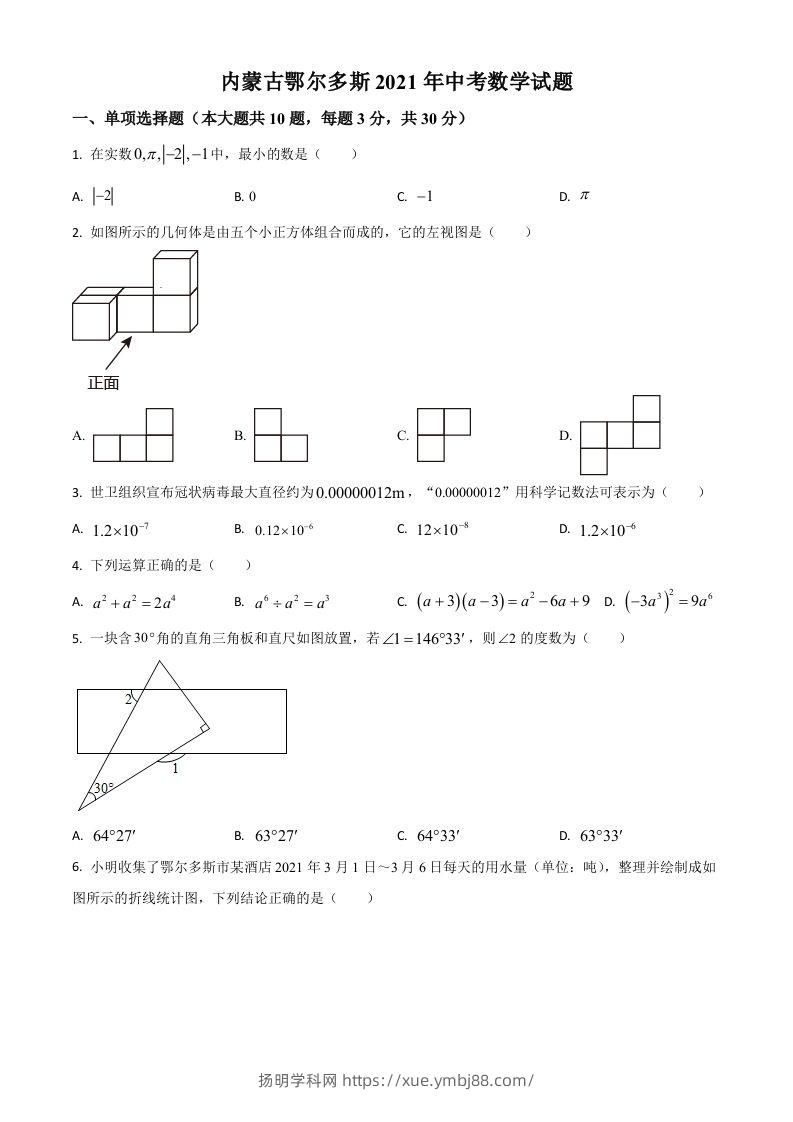 内蒙古鄂尔多斯2021年中考数学试题（空白卷）-扬明学科网