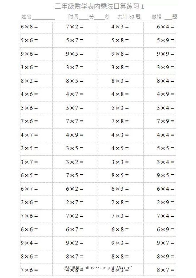 二上数学乘法口算题卡2-扬明学科网