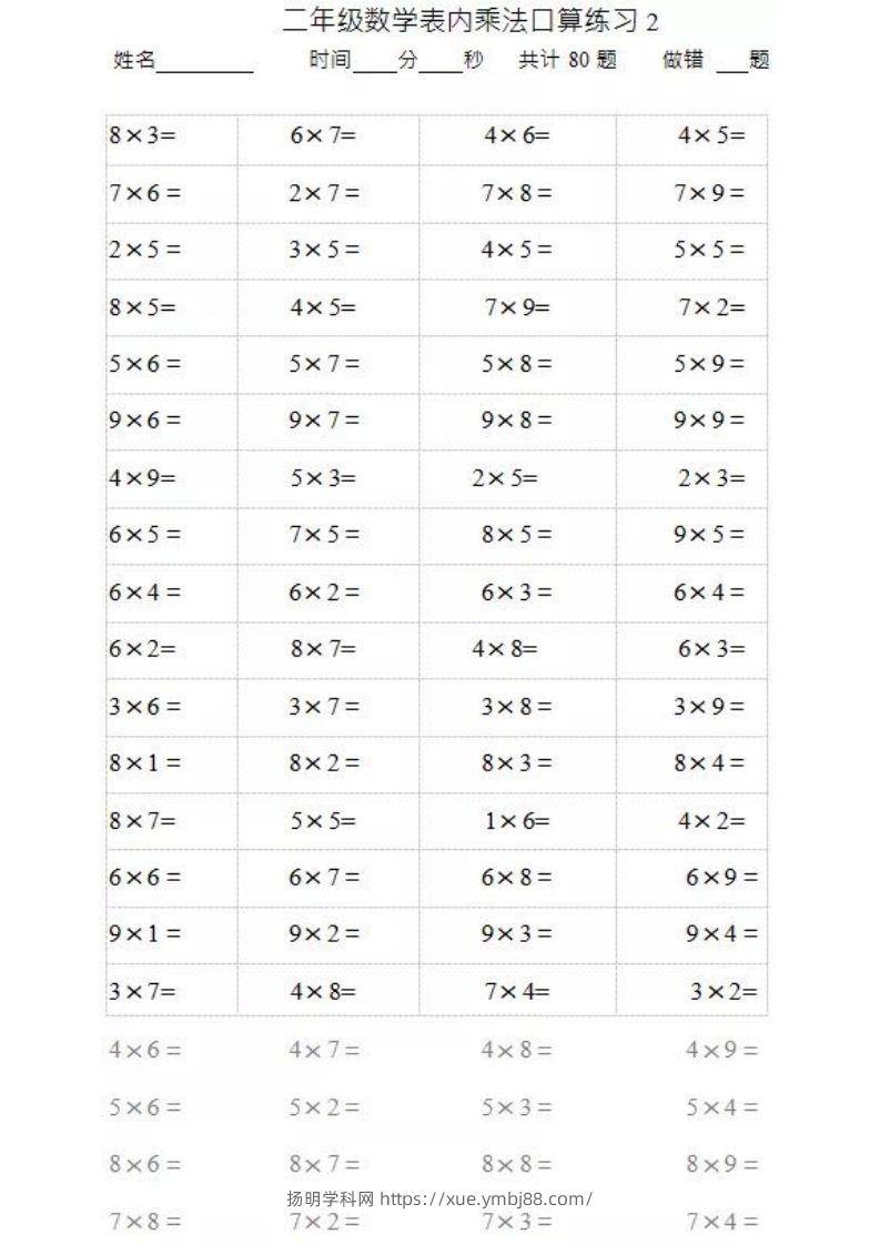 图片[2]-二上数学乘法口算题卡2-扬明学科网
