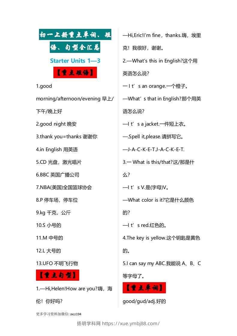 七年级上册：英语重点单词、短语、句型全汇总-扬明学科网