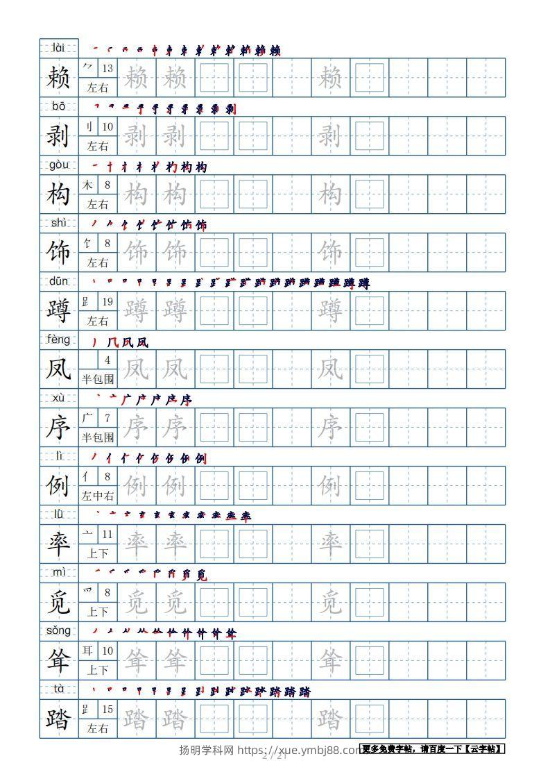 图片[2]-四年级语文下册生字表250个，字帖21页（带偏旁部首、笔顺，拼音）（部编版）-扬明学科网