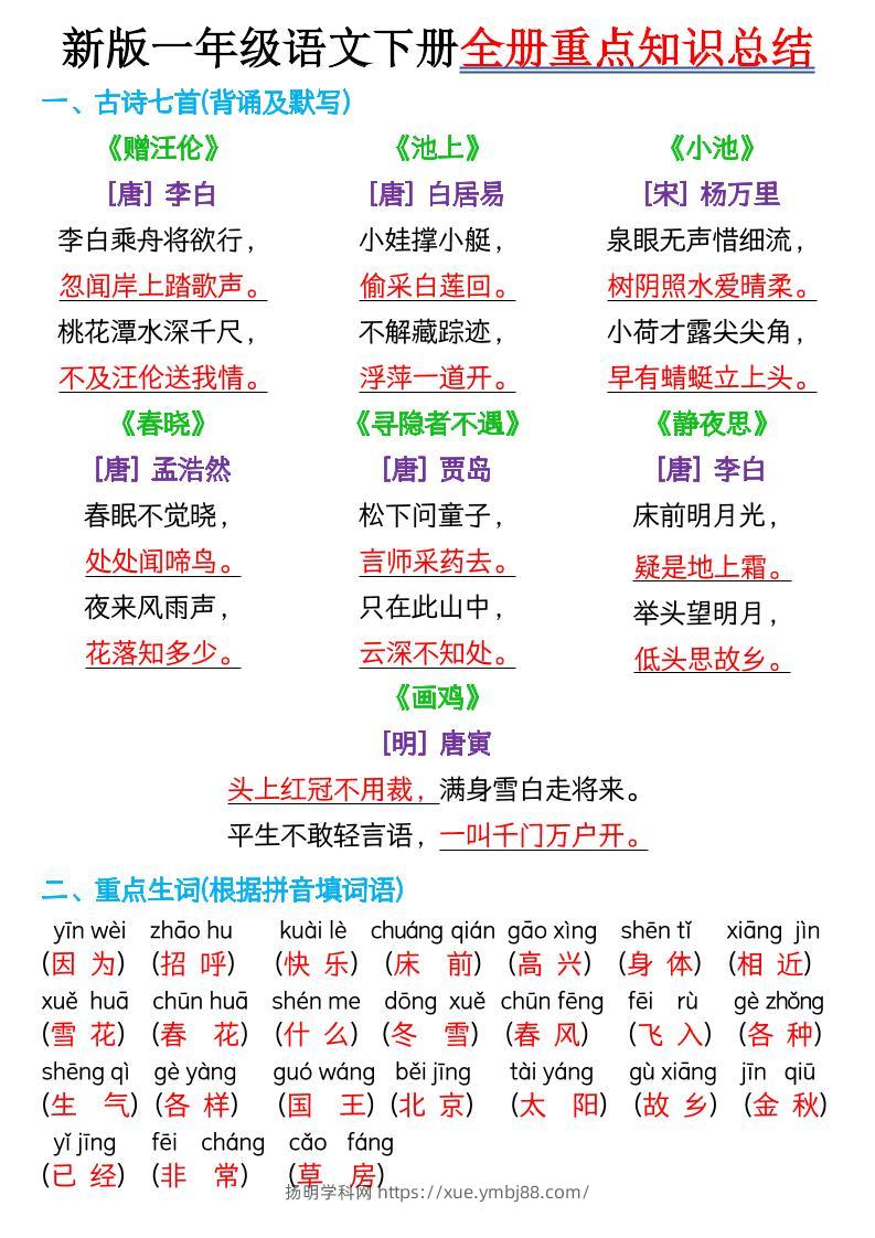 【知识点】新版一年级语文下册全册重点知识总结-7页-扬明学科网