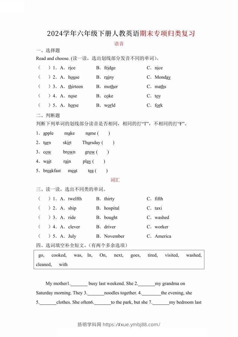 2024学年人教期末专项复习（语音、词汇、句型）六下英语-扬明学科网