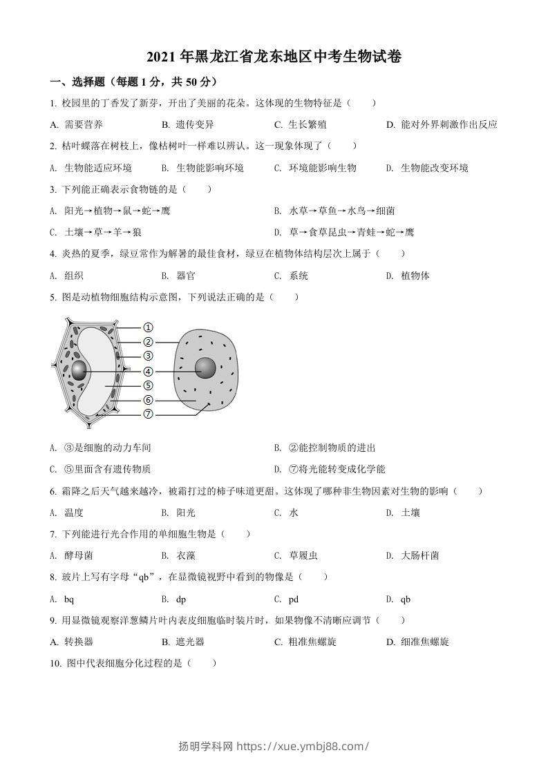 黑龙江省龙东地区2021年中考生物试题（空白卷）-扬明学科网