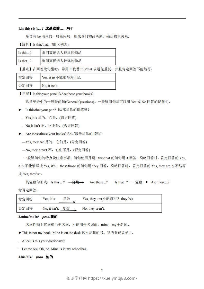 图片[2]-人教版英语七年级上Unit3Isthisyourpencil？知识点_-扬明学科网