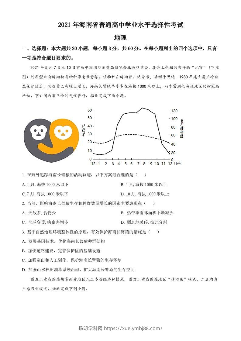 2021年高考地理试卷（海南）（空白卷）-扬明学科网