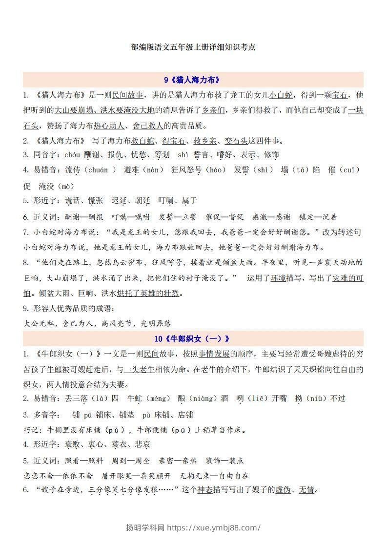 五上语文第3单元自编知识点-扬明学科网