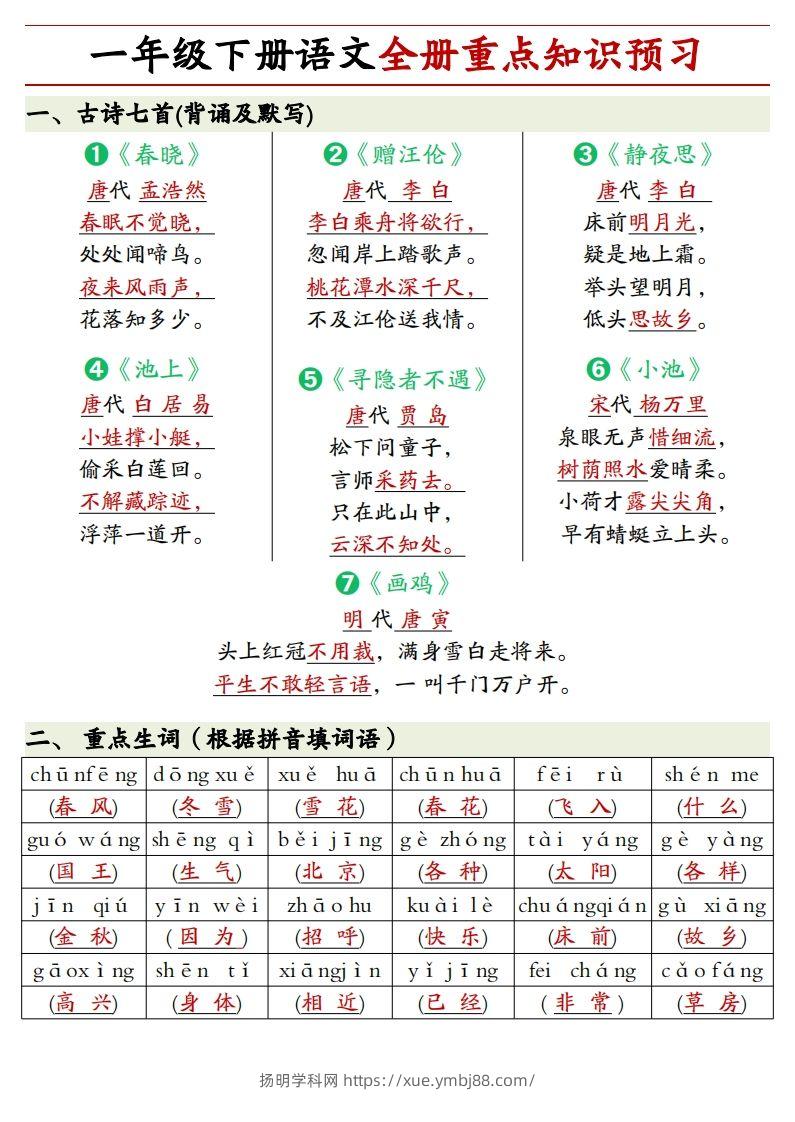 1.27一年级下册语文全册重点知识预习汇总-扬明学科网