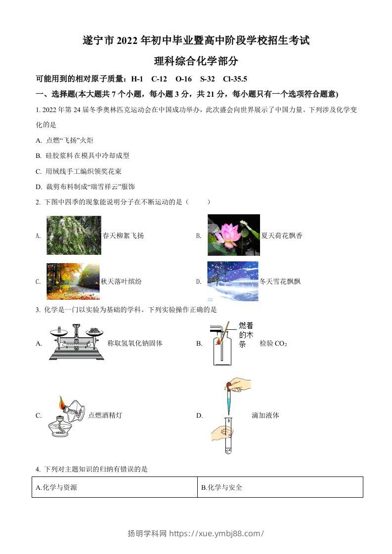 2022年四川省遂宁市中考化学真题（空白卷）-扬明学科网