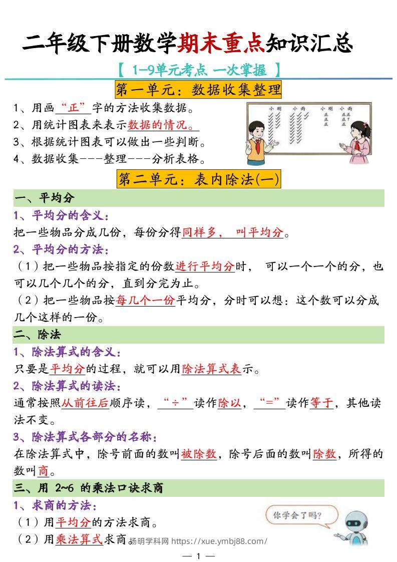 二年级下册数学期末重点知识汇总-扬明学科网