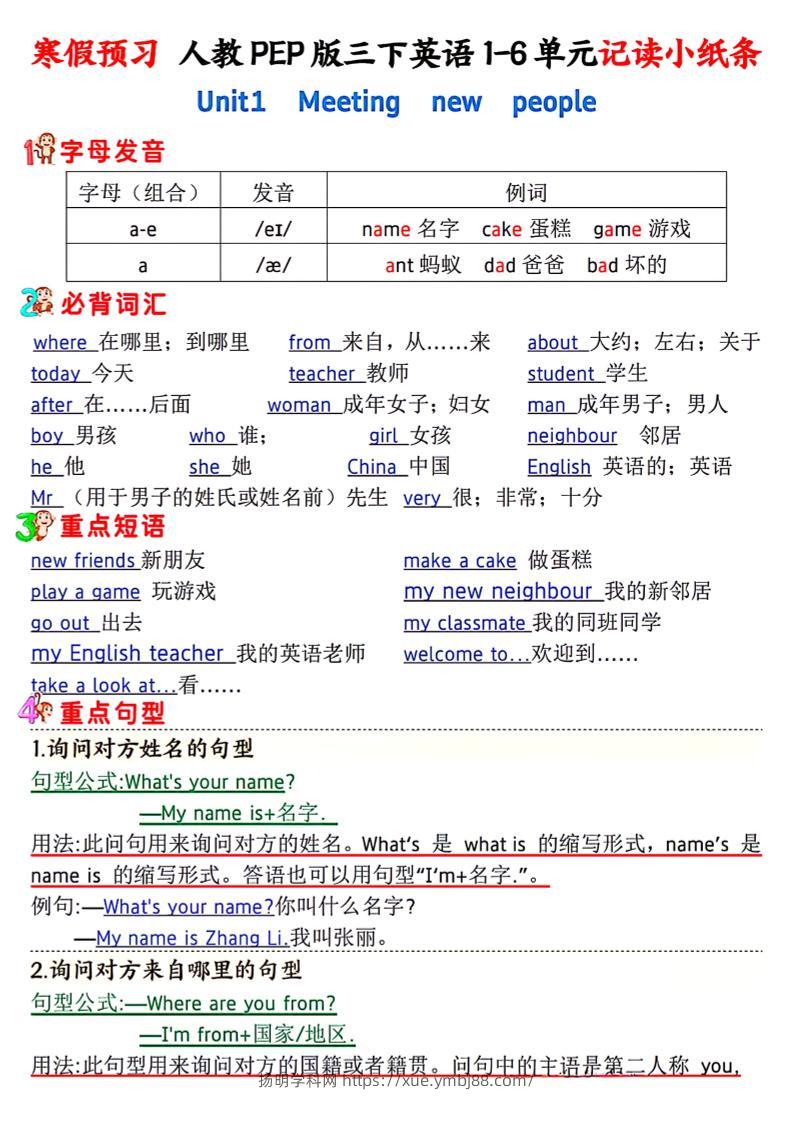 人教PEP版三下英语1-6单元记读小纸条-扬明学科网