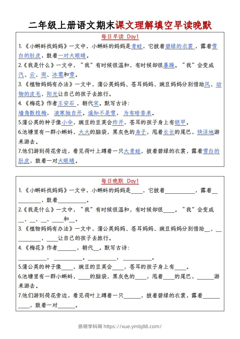 二年级上册语文期末课文理解填空早读晚默-扬明学科网