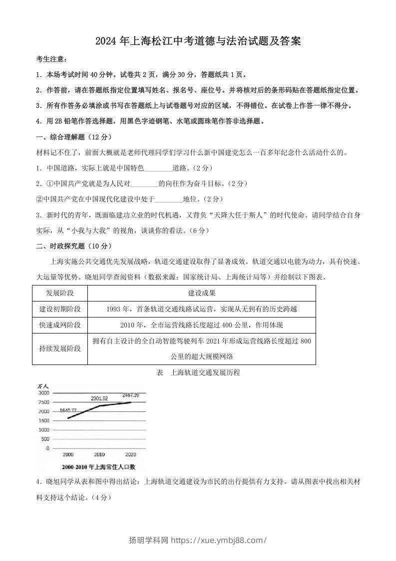 2024年上海松江中考道德与法治试题及答案(Word版)-扬明学科网