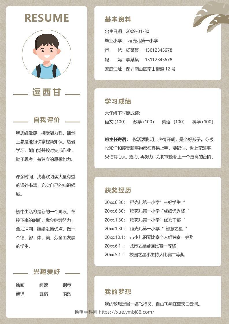 单页-小升初简历02-扬明学科网