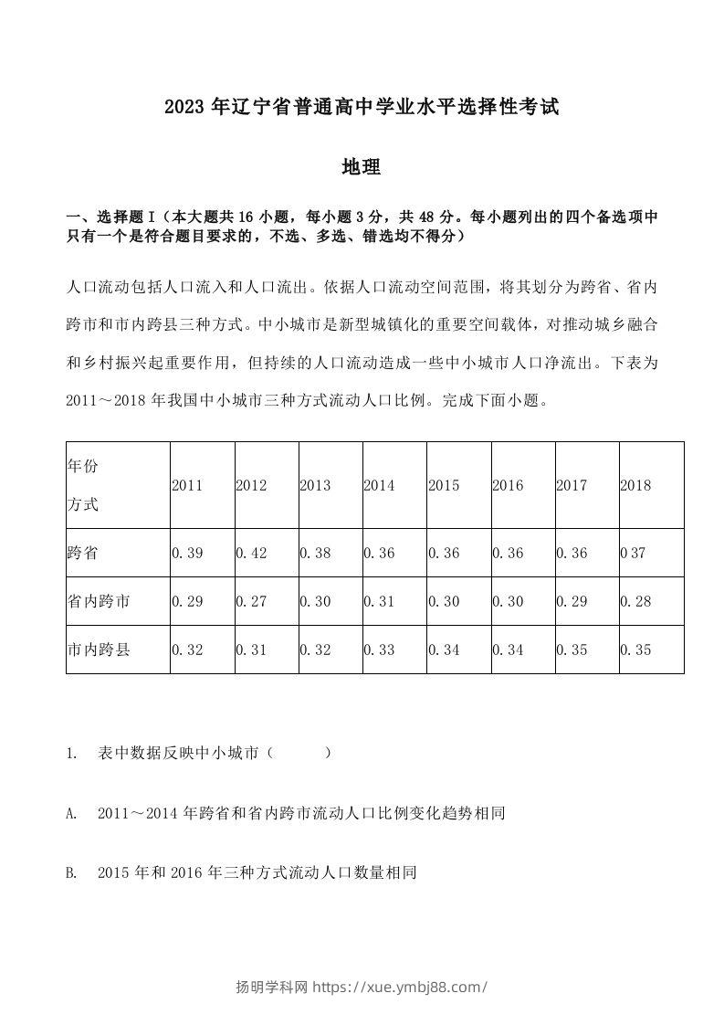 2023年高考地理试卷（辽宁）（含答案）-扬明学科网