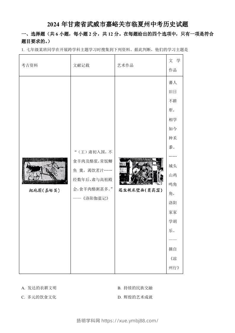 2024年甘肃省武威市嘉峪关市临夏州中考历史试题（含答案）-扬明学科网