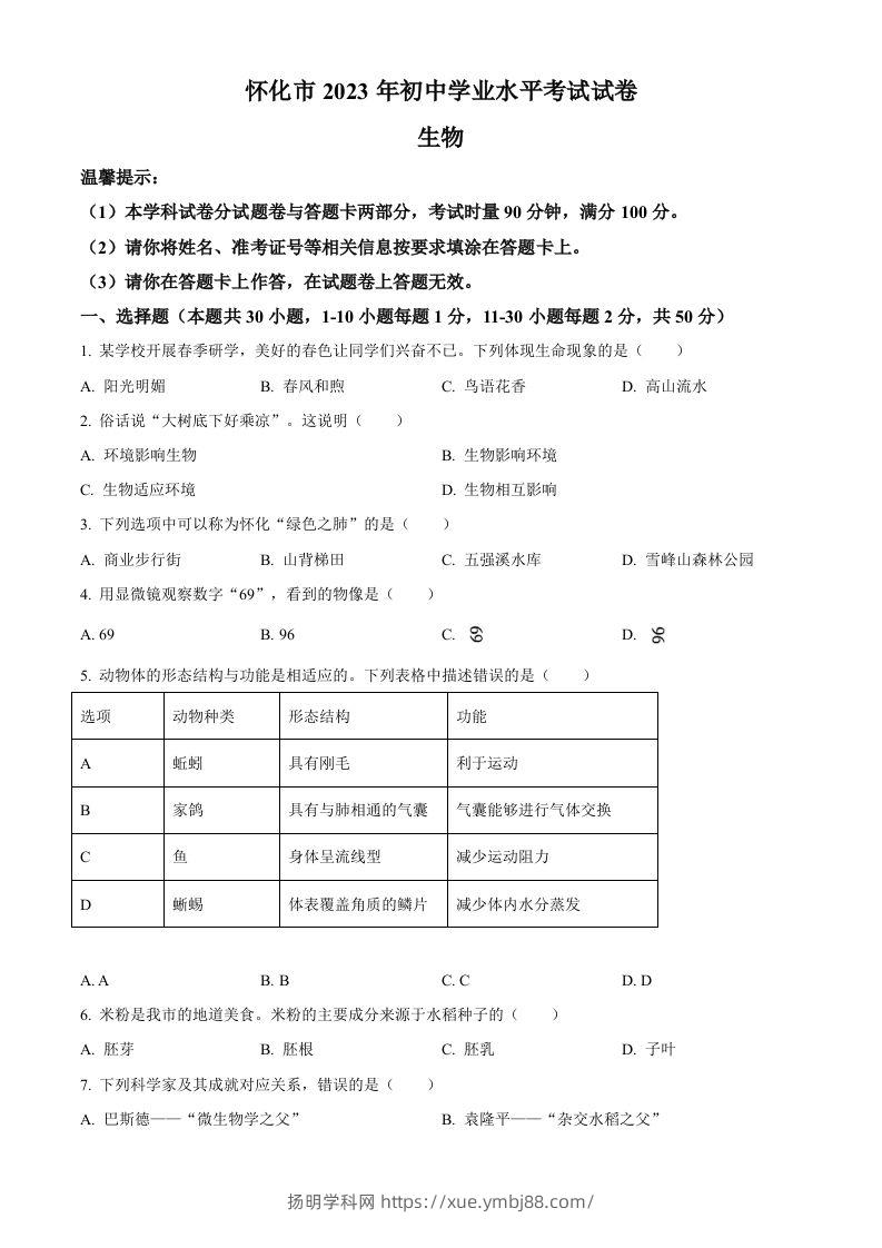 2023年湖南省怀化市中考生物真题（空白卷）-扬明学科网