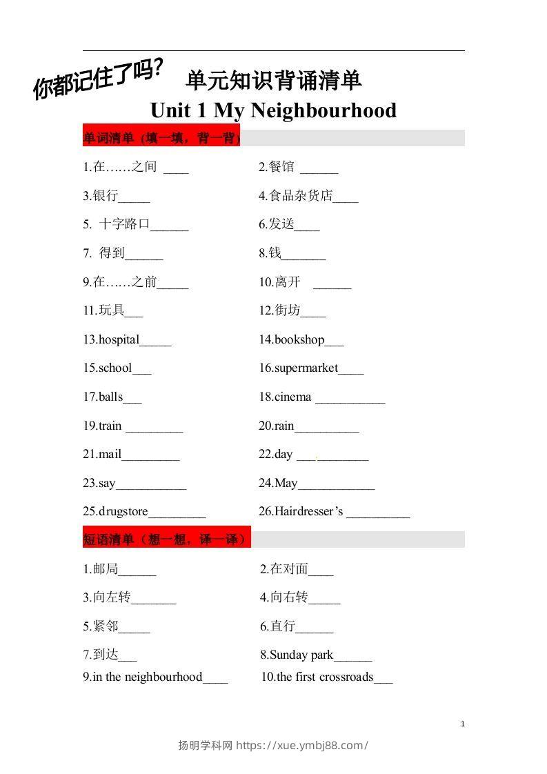 ❤四年级英语下册单元知识背诵清单Unit1MyNeighbourhood人教新起点（含答案）-扬明学科网