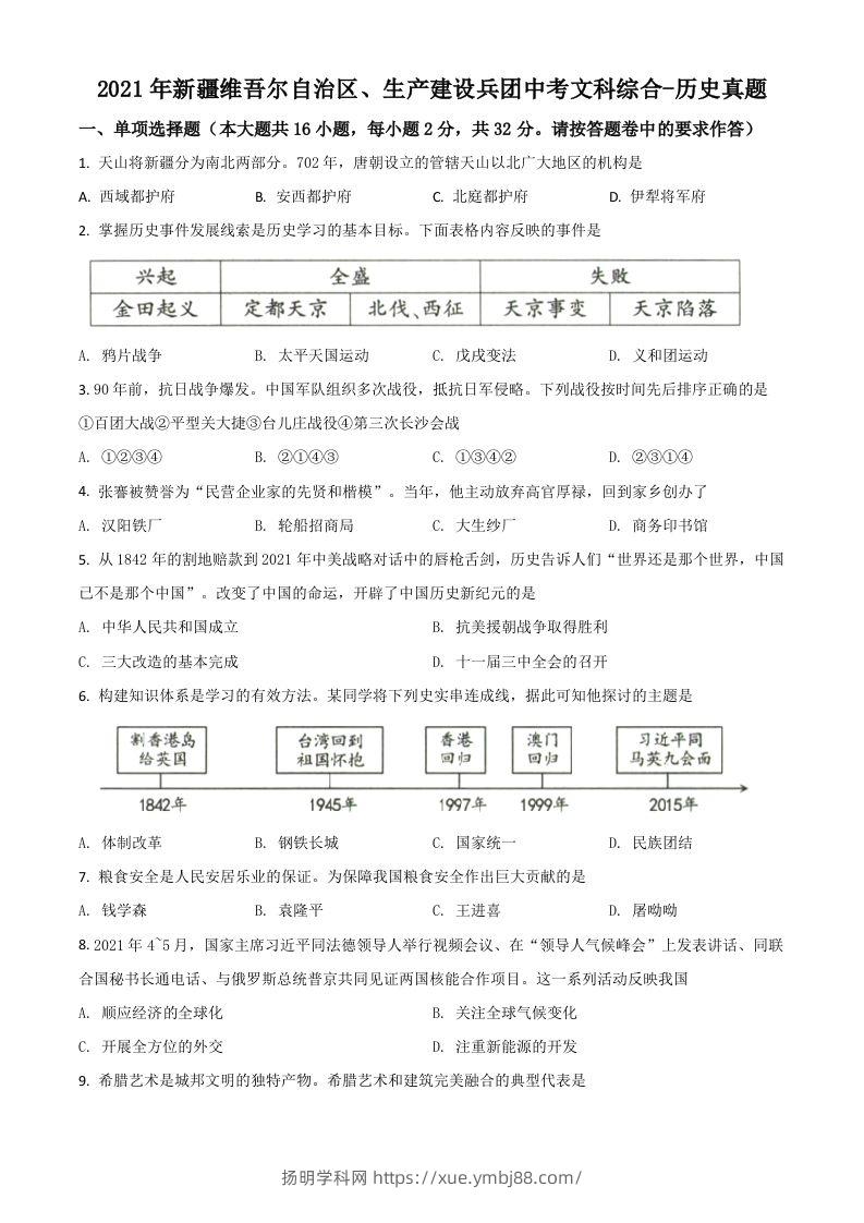 新疆维吾尔自治区、生产建设兵团2021年中考历史试题（空白卷）-扬明学科网