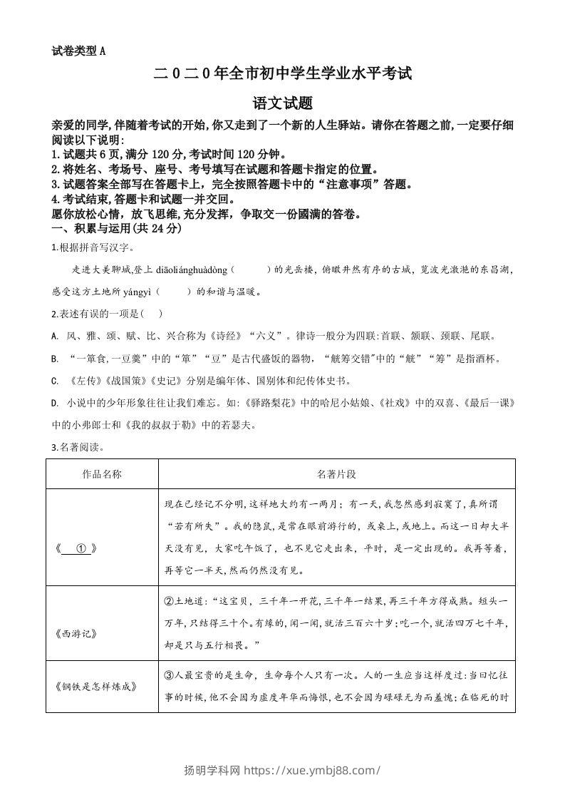 山东省聊城市2020年中考语文试题（空白卷）-扬明学科网