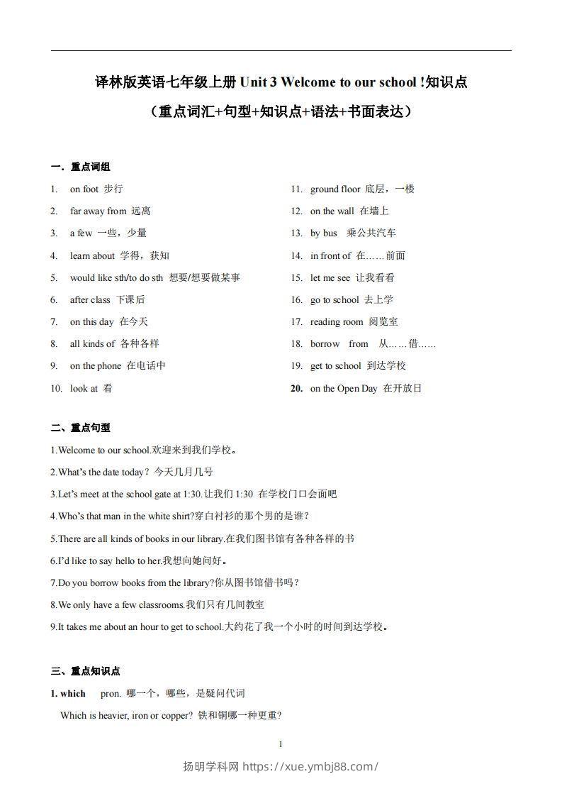 译林版英语七年级上册‬Unit3Welcometoourschool知识点_decrypted-扬明学科网
