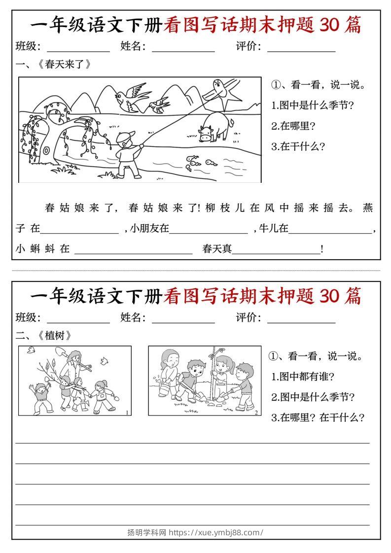 一年级语文下册看图写话期末押题专项练习-扬明学科网