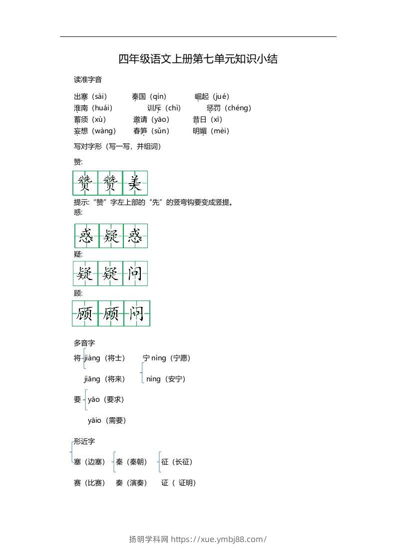 四（上）语文第七单元知识重点-扬明学科网