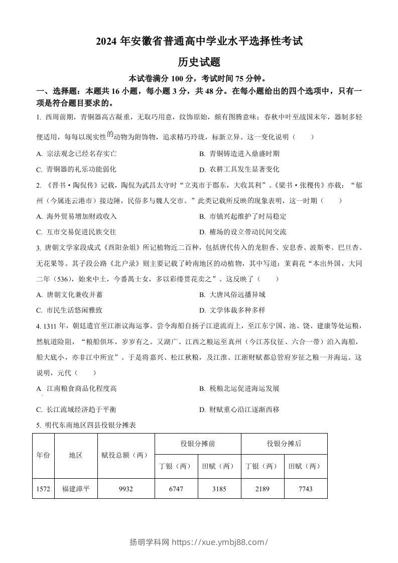 2024年高考历史试卷（安徽）（空白卷）-扬明学科网