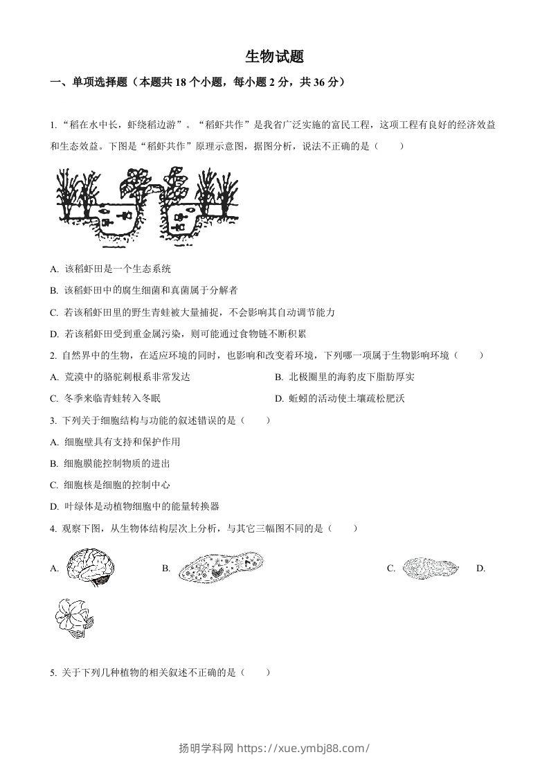 2023年湖北省十堰市生物中考真题（空白卷）-扬明学科网