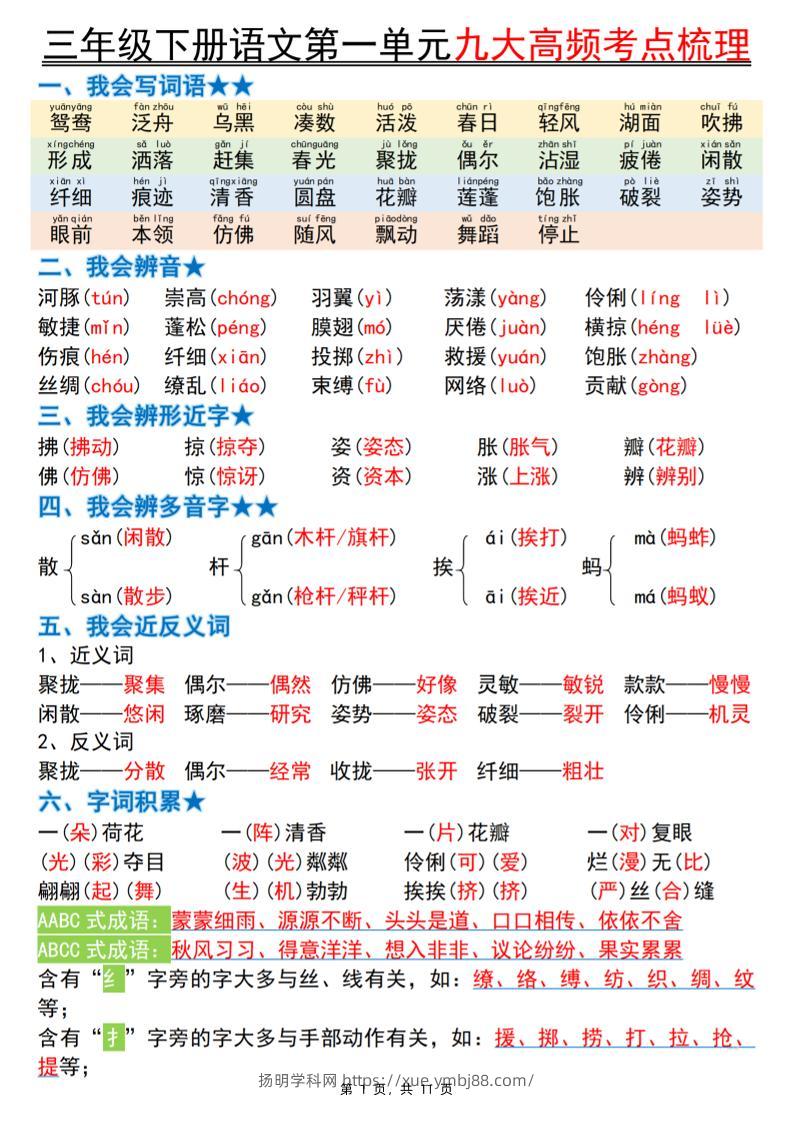 三下语文期中复习1-4单元高频考点梳理（11页）-扬明学科网