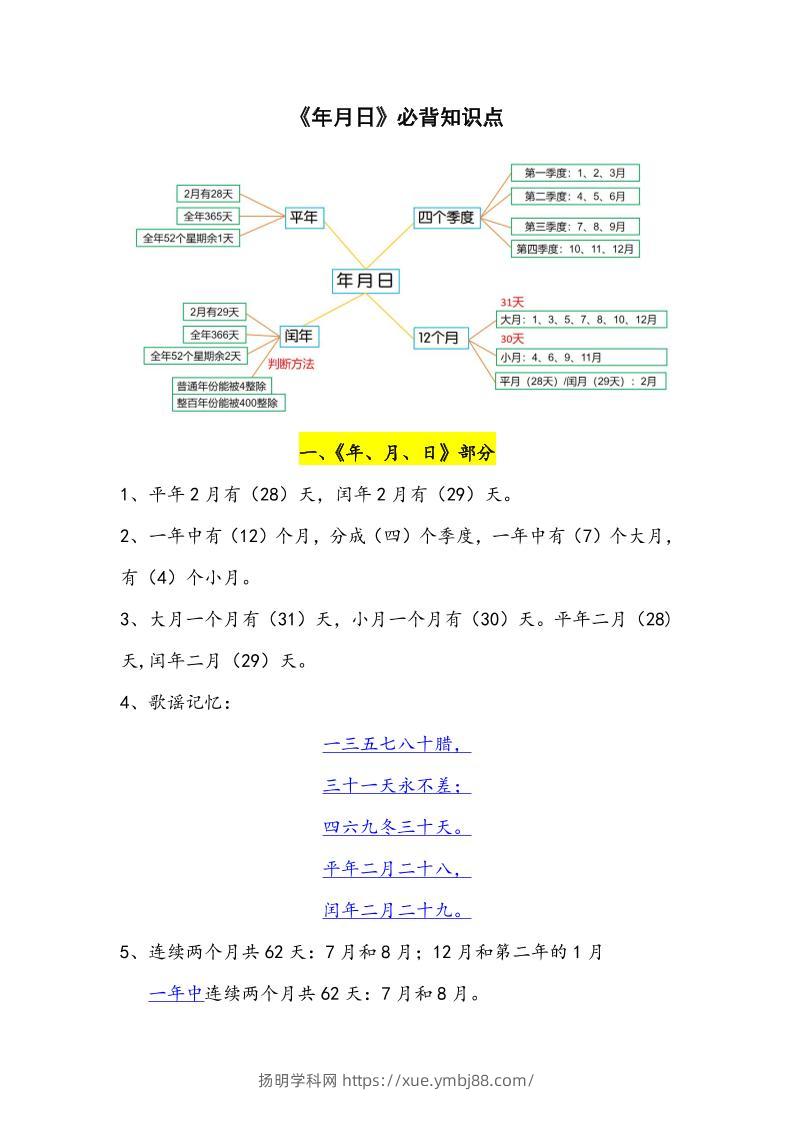 三下数学年月日必背知识点整理-扬明学科网