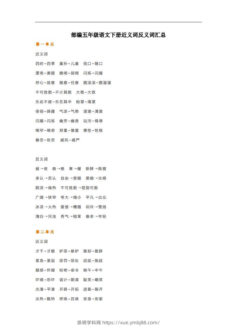 五年级语文下册近义词反义词汇总（部编版）-扬明学科网