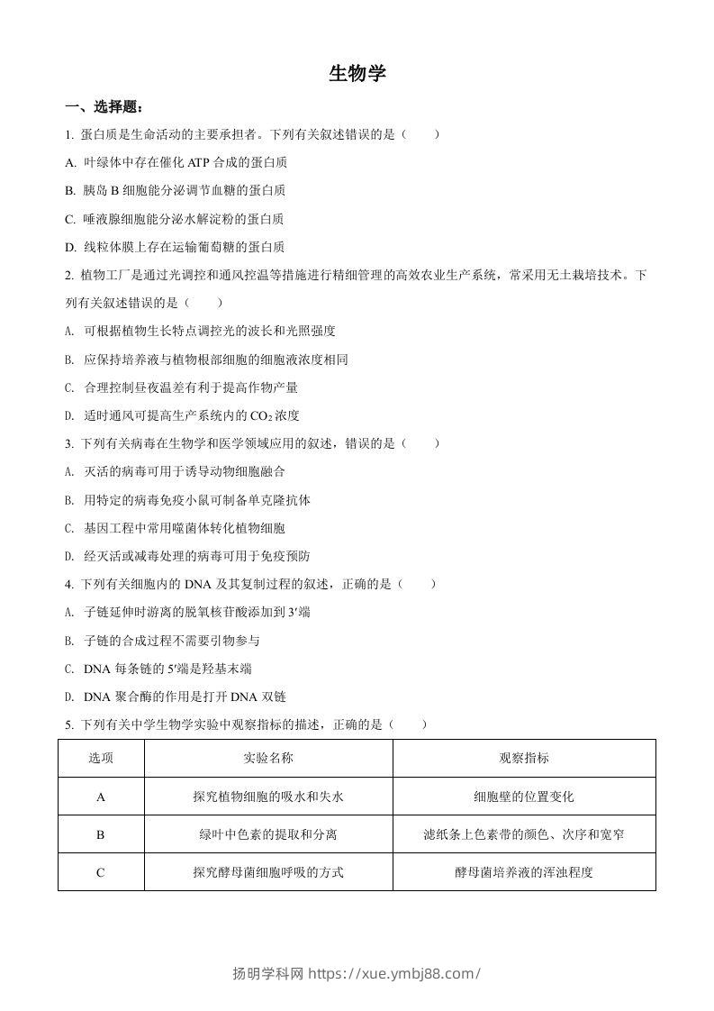 2021年高考生物试卷（辽宁）（空白卷）-扬明学科网