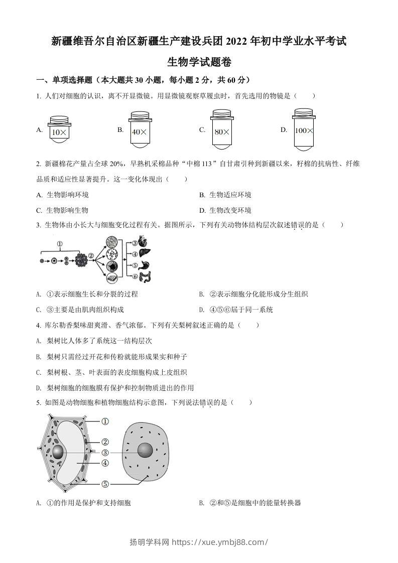 2022年新疆维吾尔自治区新疆生产建设兵团中考生物真题（空白卷）-扬明学科网