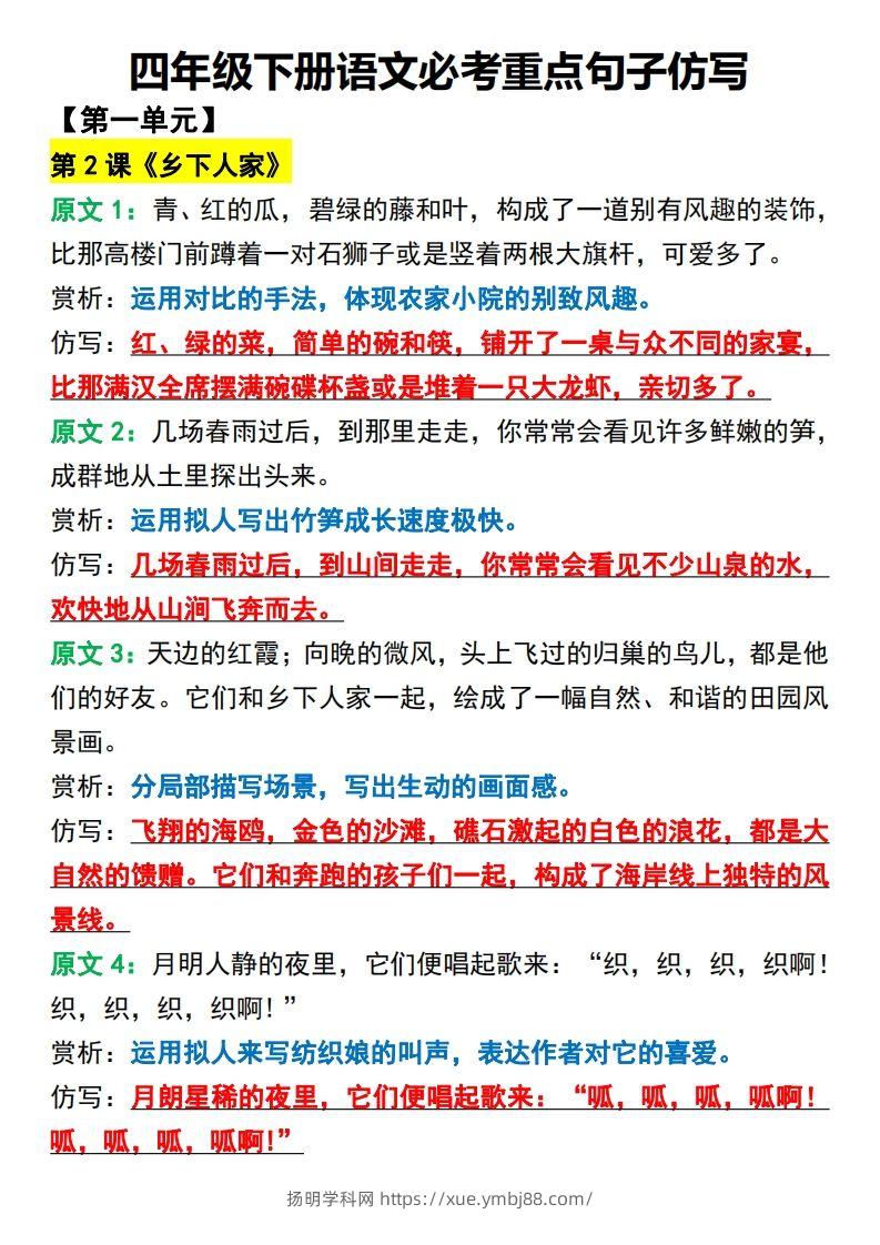 四年级下册语文必考重点句子仿写-扬明学科网