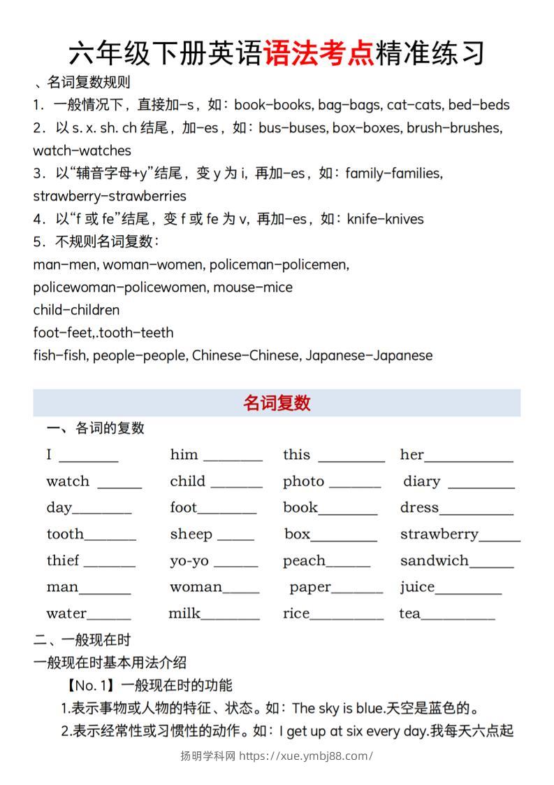 【英语】【通用】六年级下册英语语法考点精准练习-扬明学科网