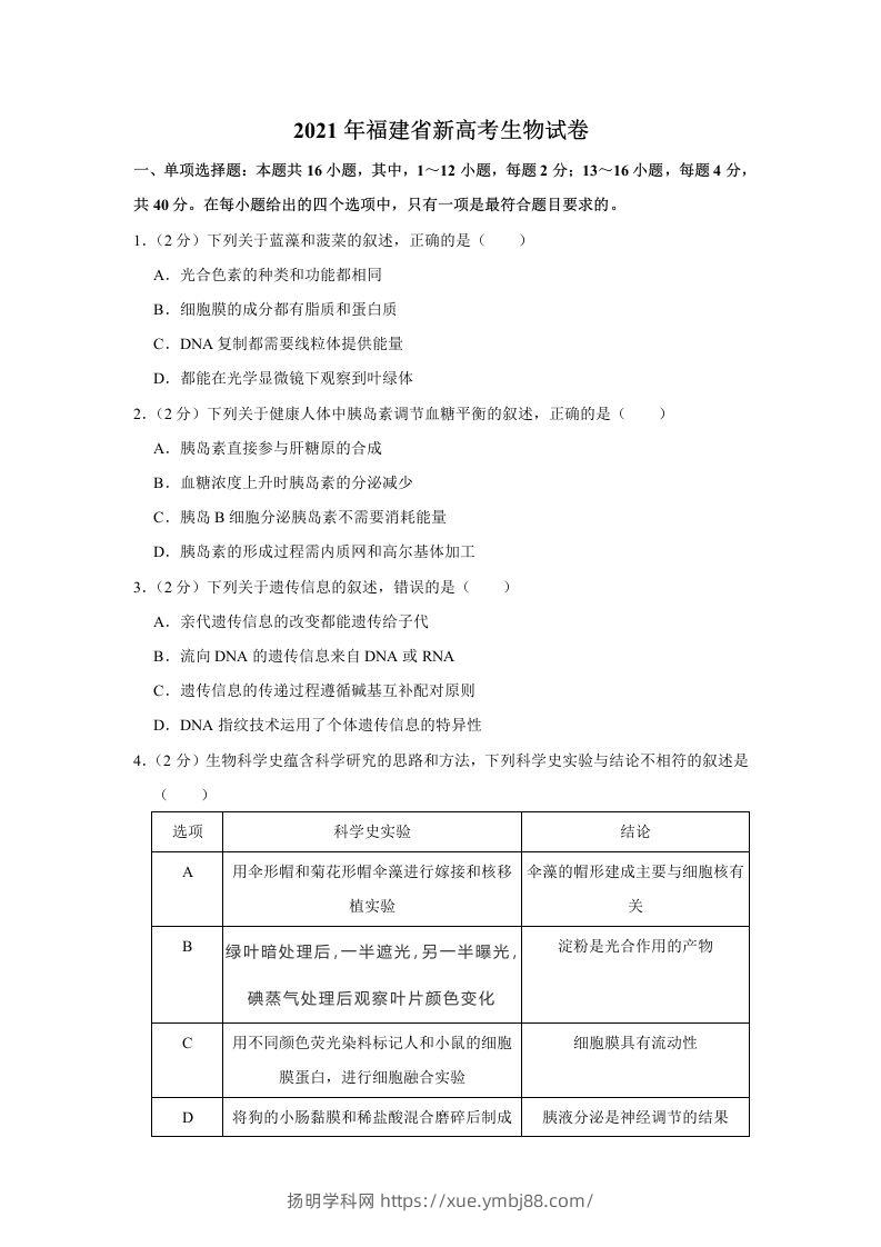 2021年高考生物试卷（福建）（空白卷）-扬明学科网