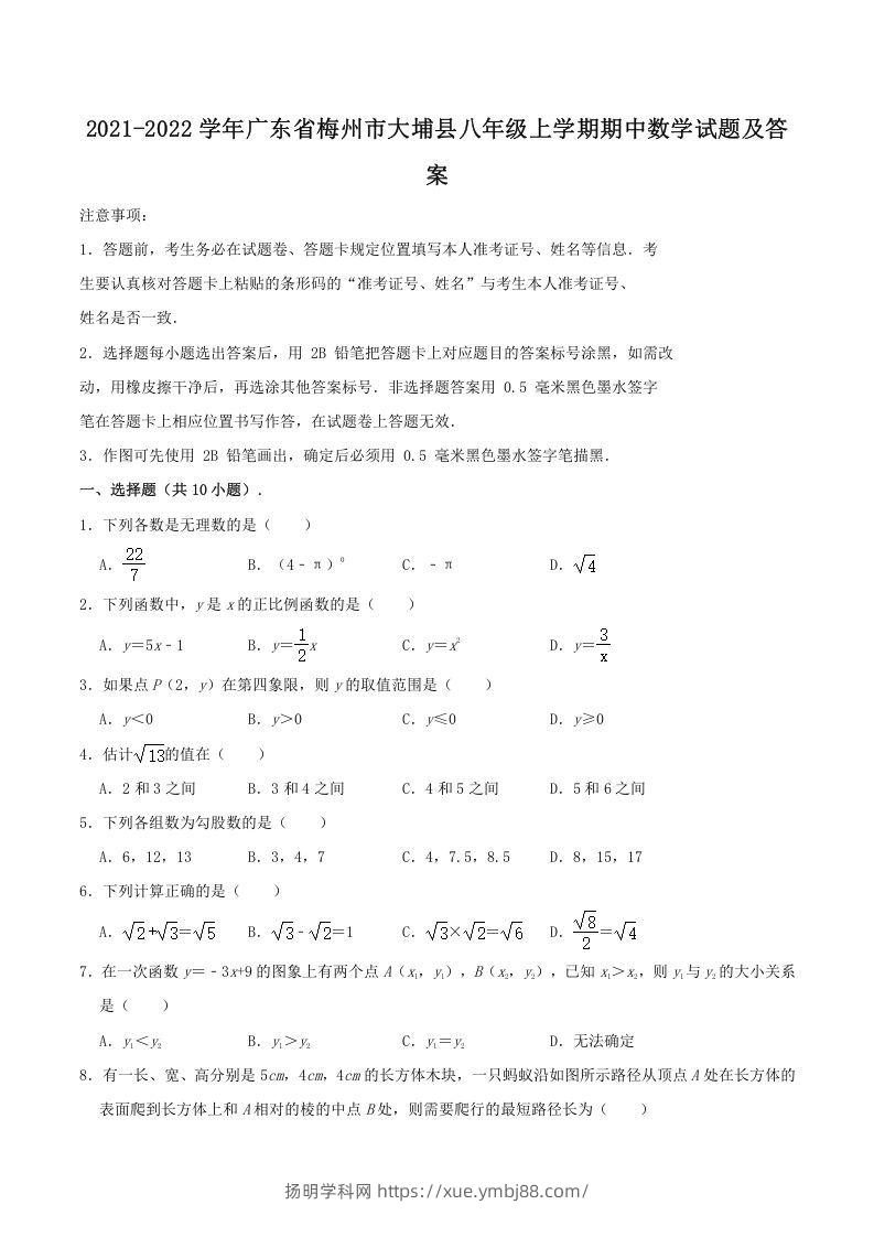 2021-2022学年广东省梅州市大埔县八年级上学期期中数学试题及答案(Word版)-扬明学科网