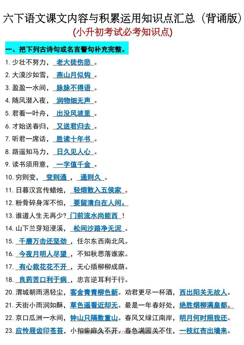 六年级下册语文(小升初)期末必考知识点-扬明学科网