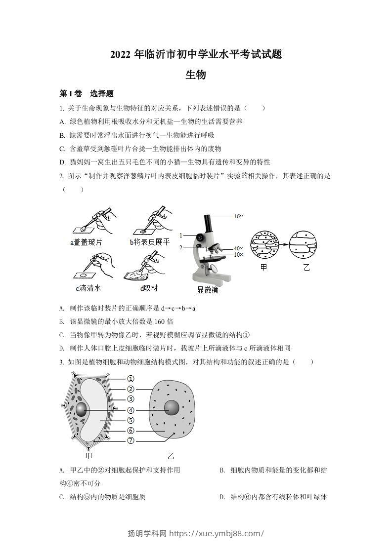 2022年山东省临沂市中考生物真题（空白卷）-扬明学科网